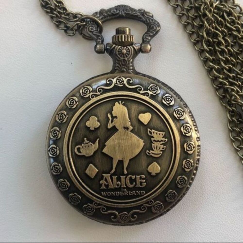 Alice in Wonderland Cartoon Style Bronze Pocket Watch and Chain NWT
